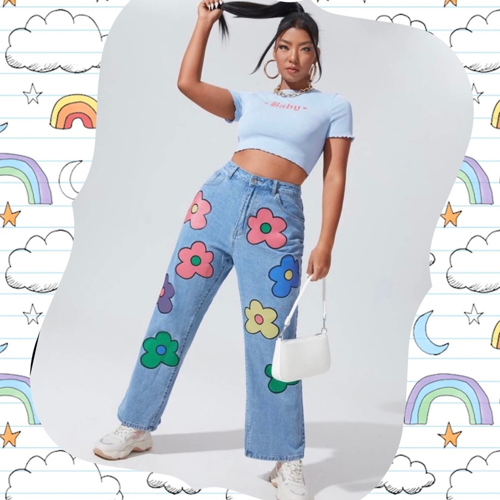 Blue and Pink Flare Wide Leg Jeans with Cartoon Floral Designs